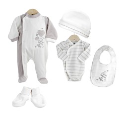 Set naissance 5p grenouillere,bonnet, chausson,body,bavoir,tailles assorties 0m, 1m, livrable par 2