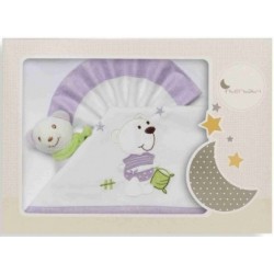 Parure pour lit de bébé avec peluche 60x120 - 3pieces blanc/lilas ours/oreiller 03123-33