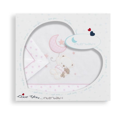 Parure pour lit de bébé 60x120 - 3pieces blanc/rose petit ours et étoile 03142-12