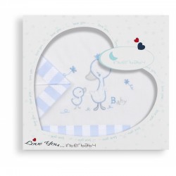 Parure pour lit de bébé 60x120 - 3pieces blanc/bleu petit canard et bébé 03145-11