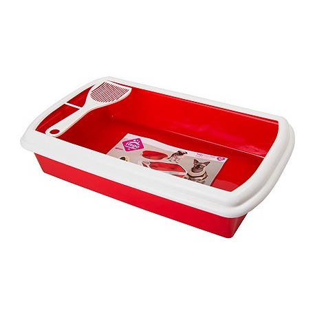 10073S LITIERE POUR CHAT AVEC PELLE 48x29x11cm (Blanc/Gris/Rouge)